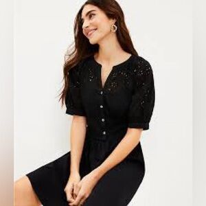 Women’s Black Short Sleeve Dress, Eyelet Detail on top,Swing Skirt Bottom, SizeM